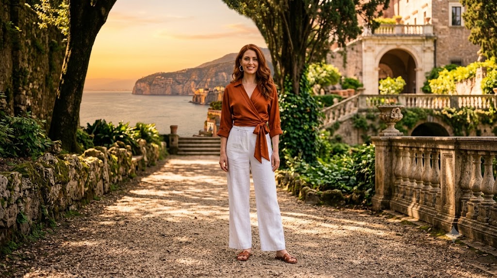 Rust Orange Silk Wrap Top & White Linen Pants